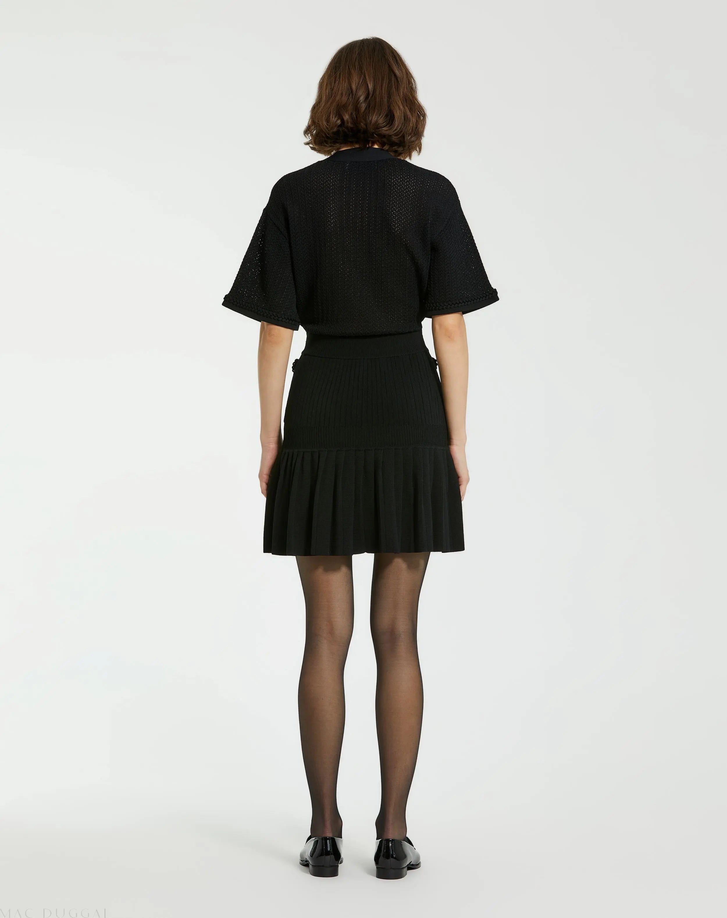 Black Short Sleeve Gold Button Front Crochet Knit Dress with Pleated Hem