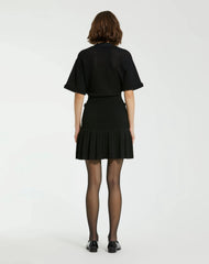 Black Short Sleeve Gold Button Front Crochet Knit Dress with Pleated Hem