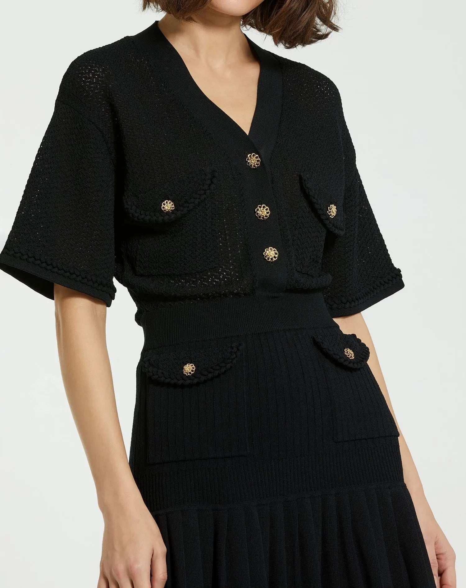 Black Short Sleeve Gold Button Front Crochet Knit Dress with Pleated Hem