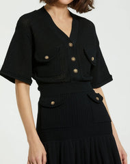 Black Short Sleeve Gold Button Front Crochet Knit Dress with Pleated Hem