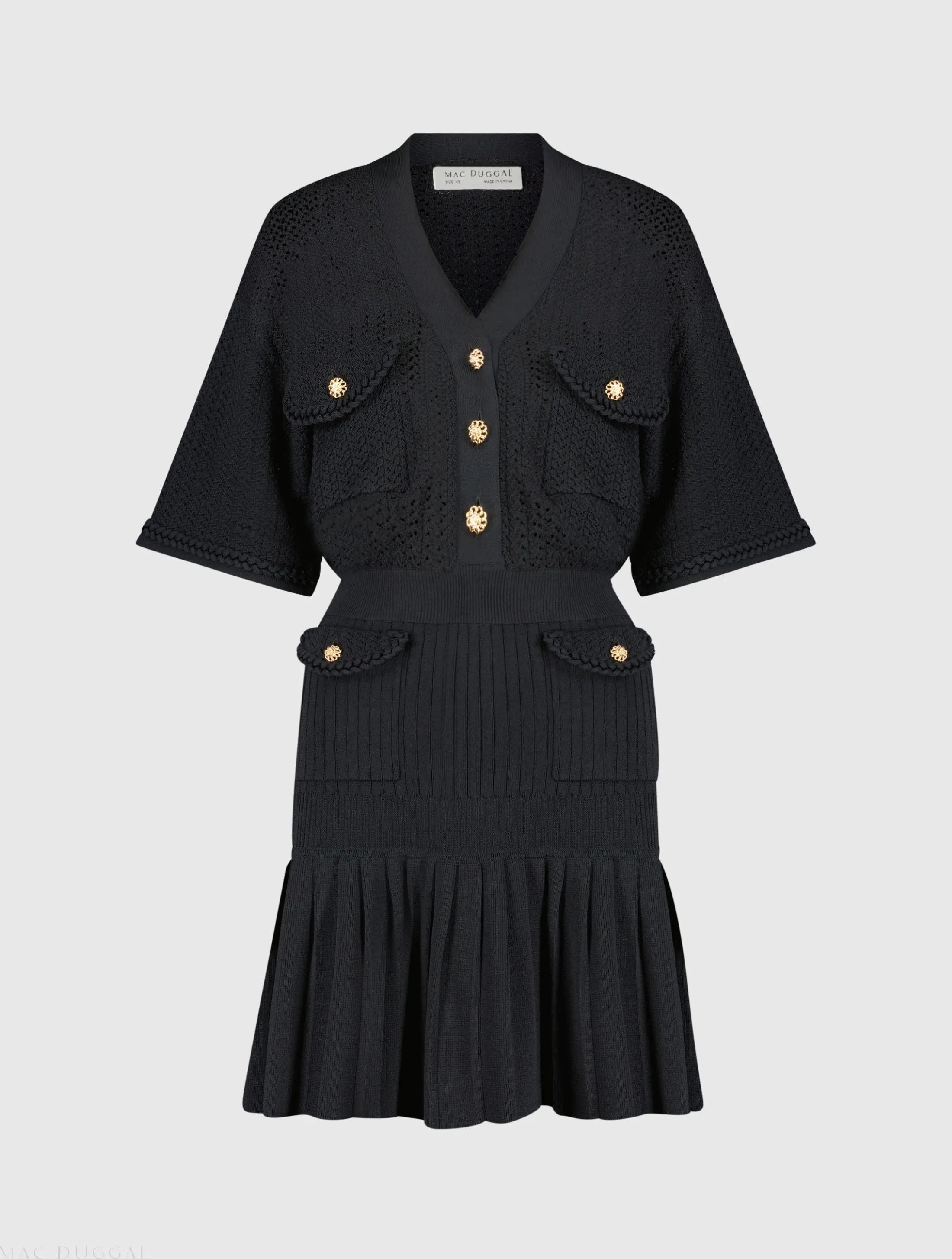 Black Short Sleeve Gold Button Front Crochet Knit Dress with Pleated Hem