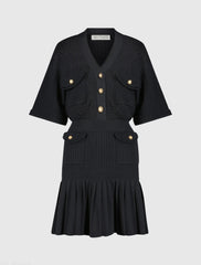 Black Short Sleeve Gold Button Front Crochet Knit Dress with Pleated Hem
