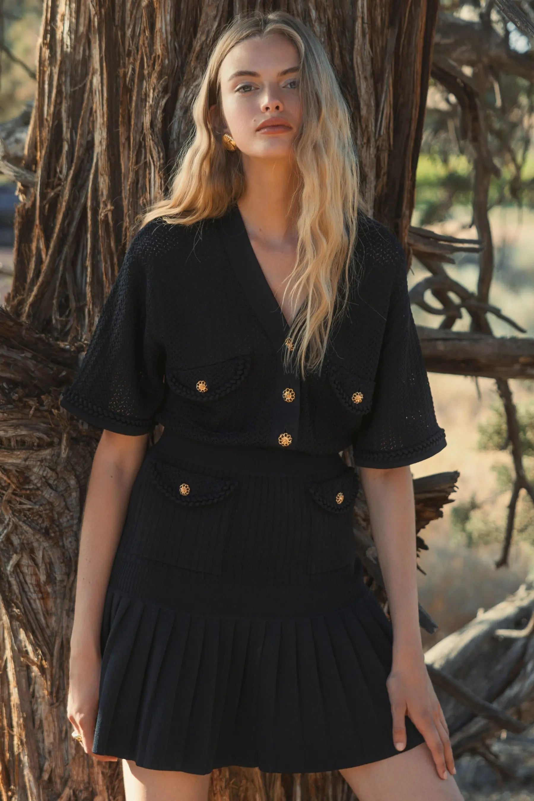 Black Short Sleeve Gold Button Front Crochet Knit Dress with Pleated Hem