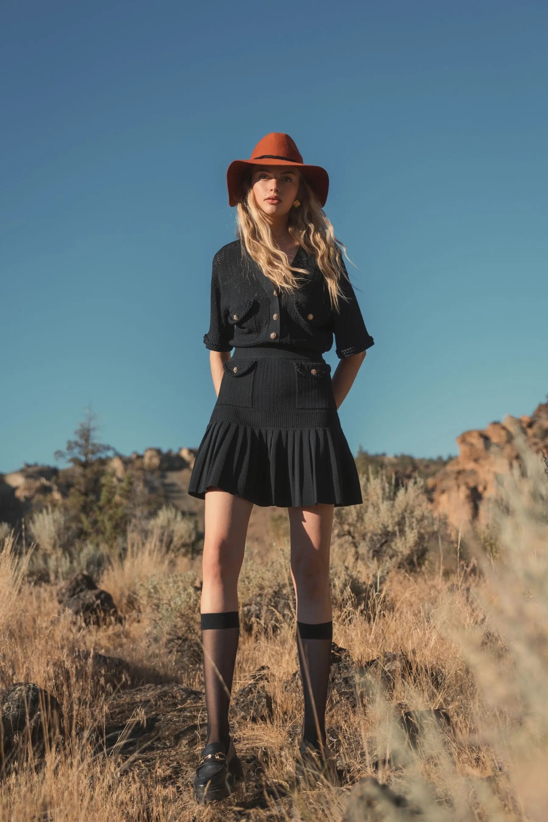 Black Short Sleeve Gold Button Front Crochet Knit Dress with Pleated Hem