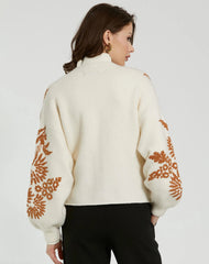 White Cropped Knit Cardigan With Floral Details