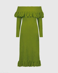 Green Off The Shoulder Fringe Long Sleeve Knit Dress - FINAL SALE