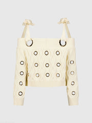 Ivory Chunky Knit Off The Shoulder Grommet Cropped Sweater - FINAL SALE