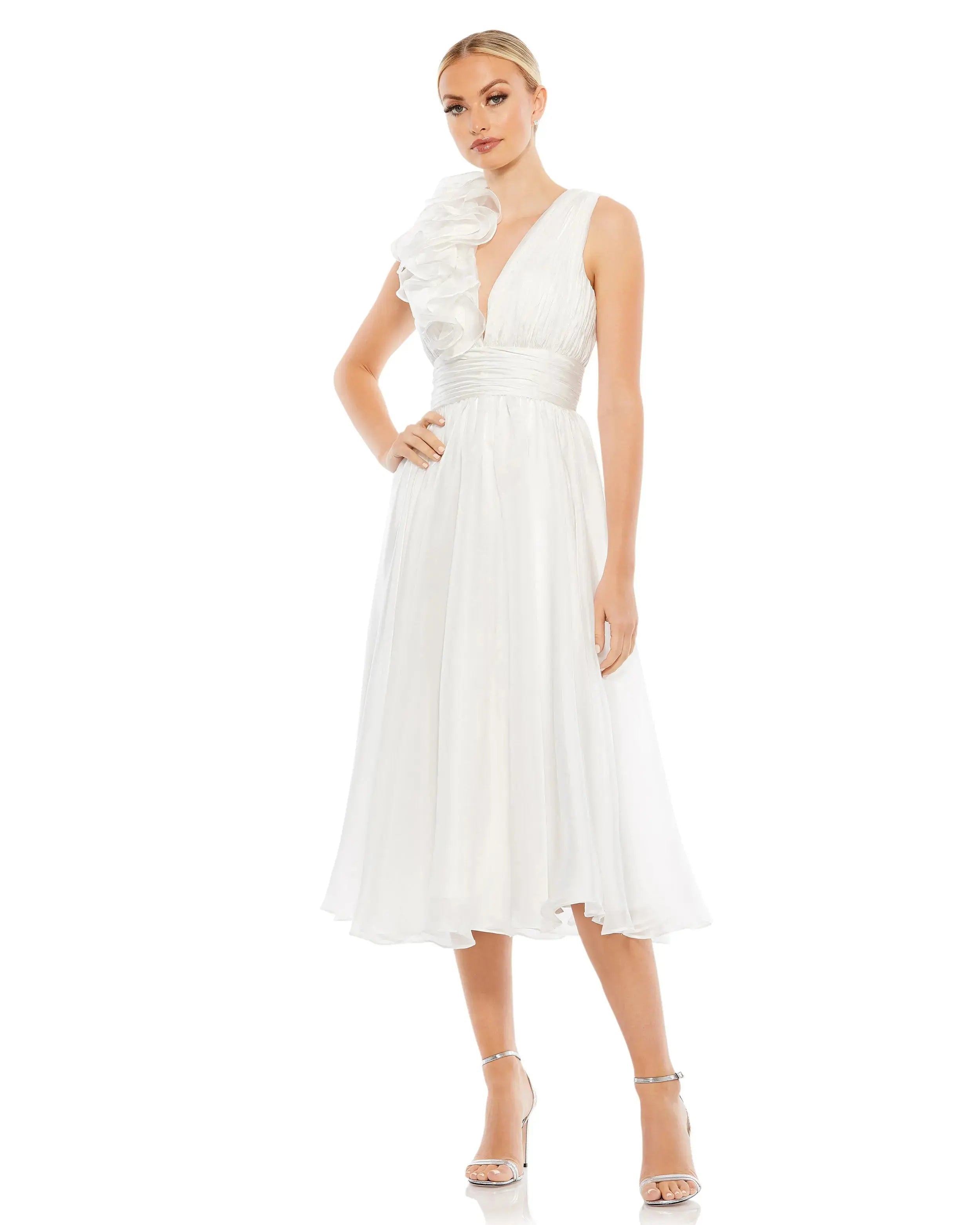 Plunging V Neck Ruffled A-Line Cocktail Dress