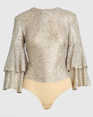 Silver Ruffle 3/4 Sleeve Sequin Bodysuit - FINAL SALE