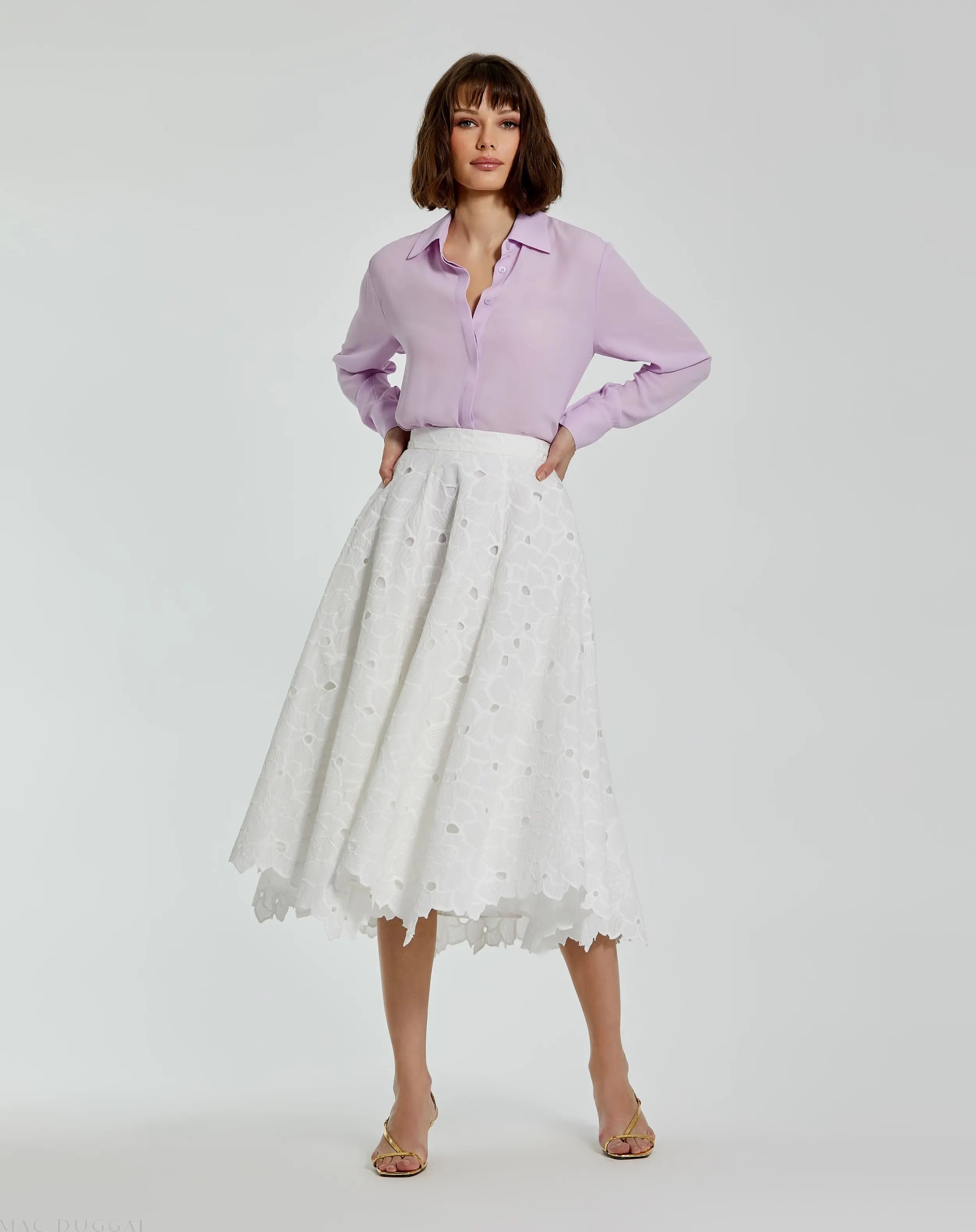 White Embroidered Floral A-line Midi Skirt