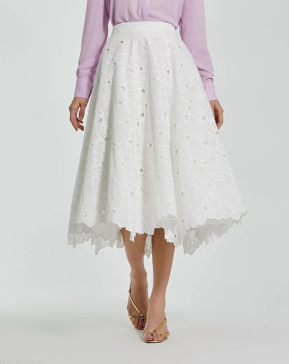 White Embroidered Floral A-line Midi Skirt