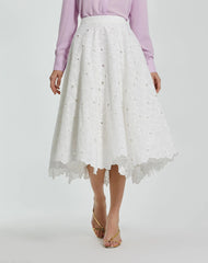 White Embroidered Floral A-line Midi Skirt