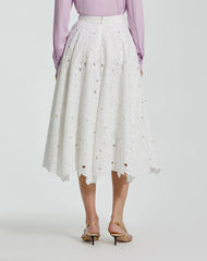 White Embroidered Floral A-line Midi Skirt