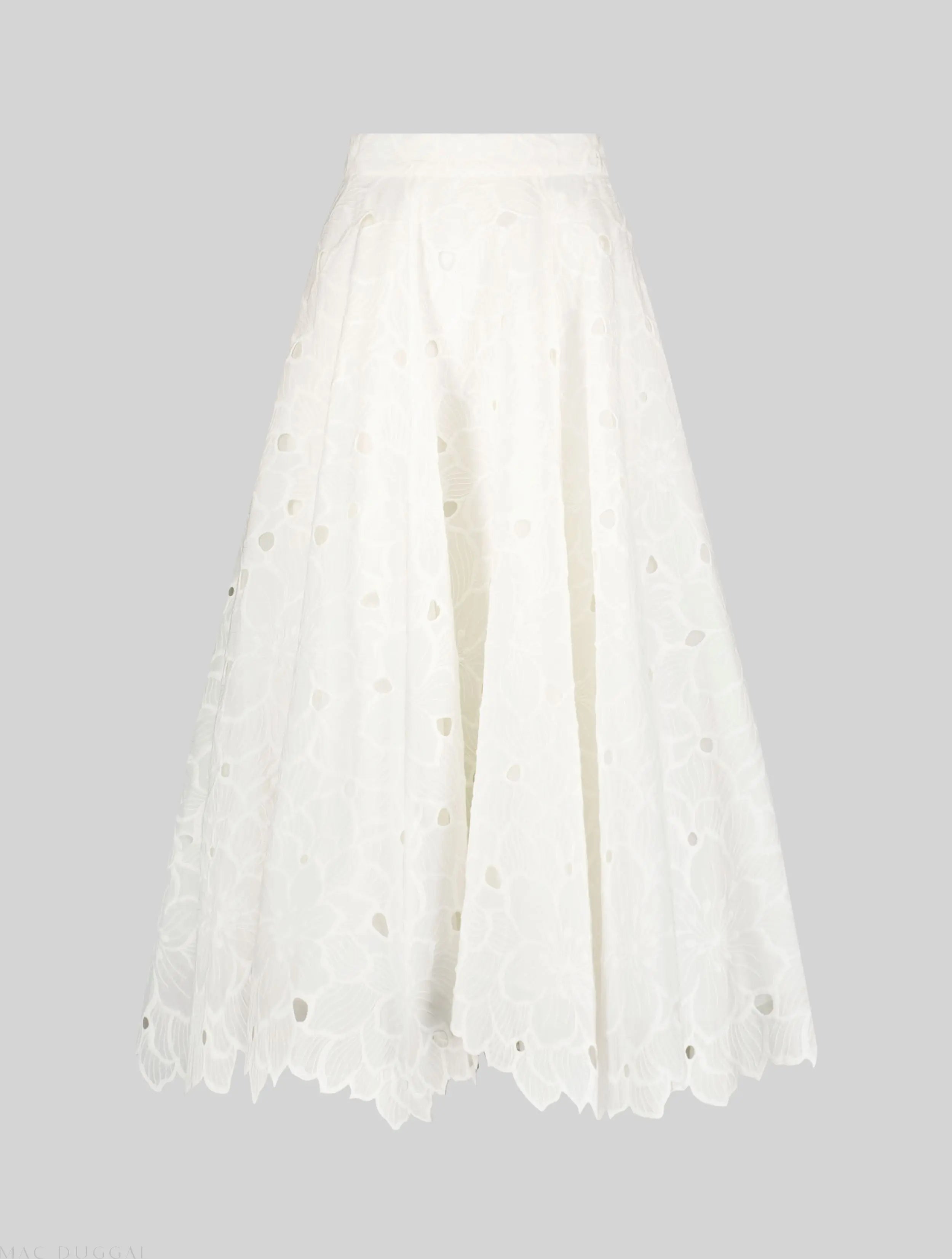 White Embroidered Floral A-line Midi Skirt