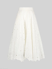 White Embroidered Floral A-line Midi Skirt