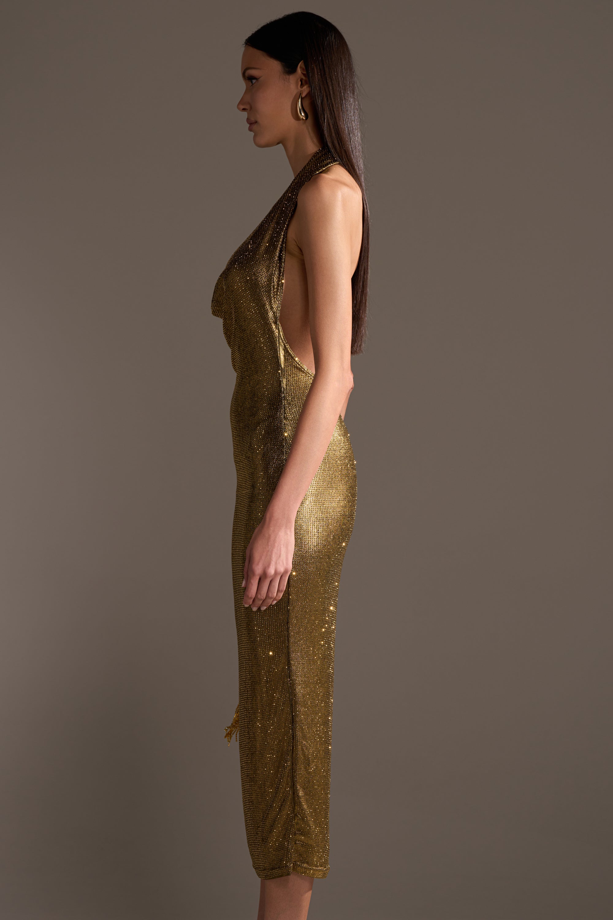 POPPIN' BOTTLES RHINESTONE MAXI DRESS IN GOLD