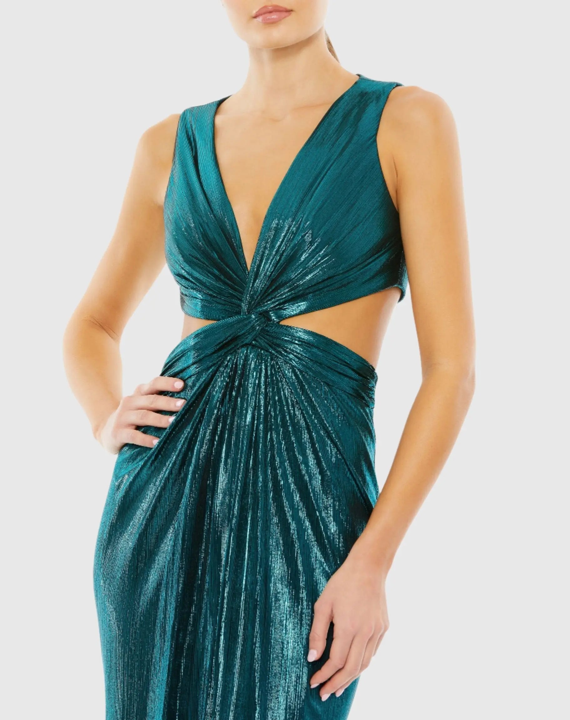 Teal Metallic Cut Out Gown with High Slit - FINAL SALE