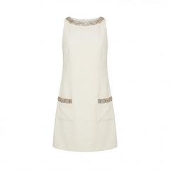 Ivory Sleeveless Shift Mini Dress with Rhinestone Trim