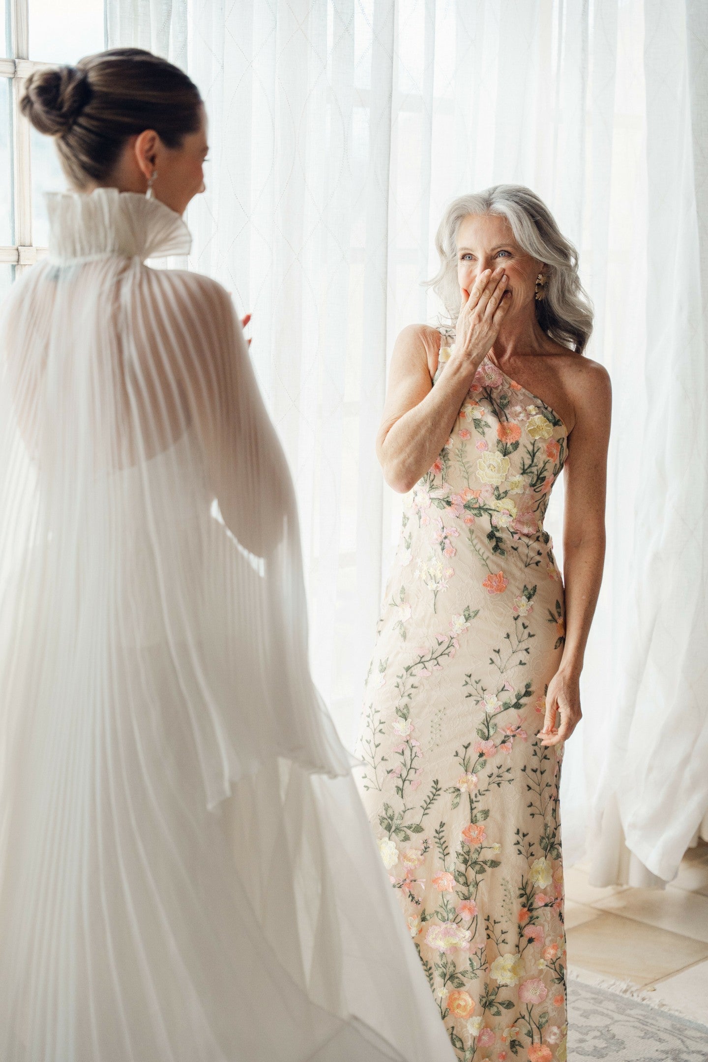 Beige One Shoulder Floral Embroidered Gown