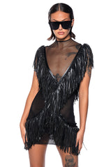 SHAKE YOUR TAIL FEATHERS FRINGE MESH MINI DRESS